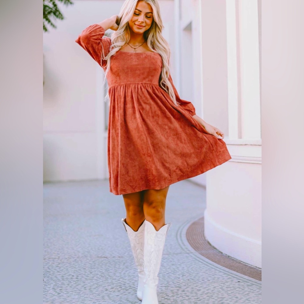 Suede Square Neck Puff Sleeve Dress
